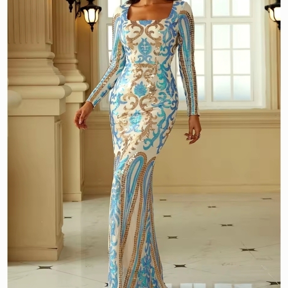 Blue, Baroque Print, Long Sleeved, Square Neck, Mermaid Gown for Specia… - Picture 6 of 10